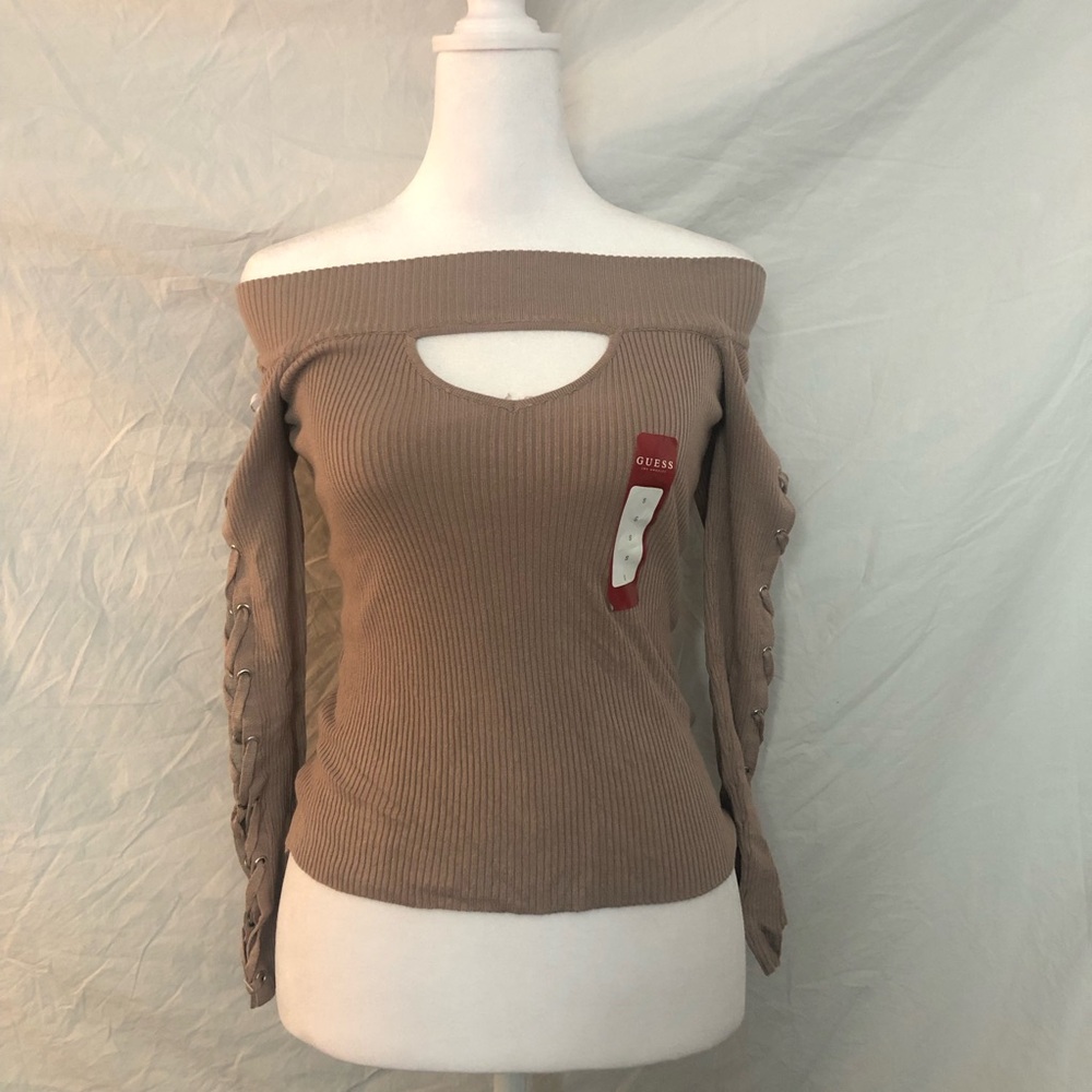Guess Ribbed Knit Top with Lace-Up Corset Sleeves